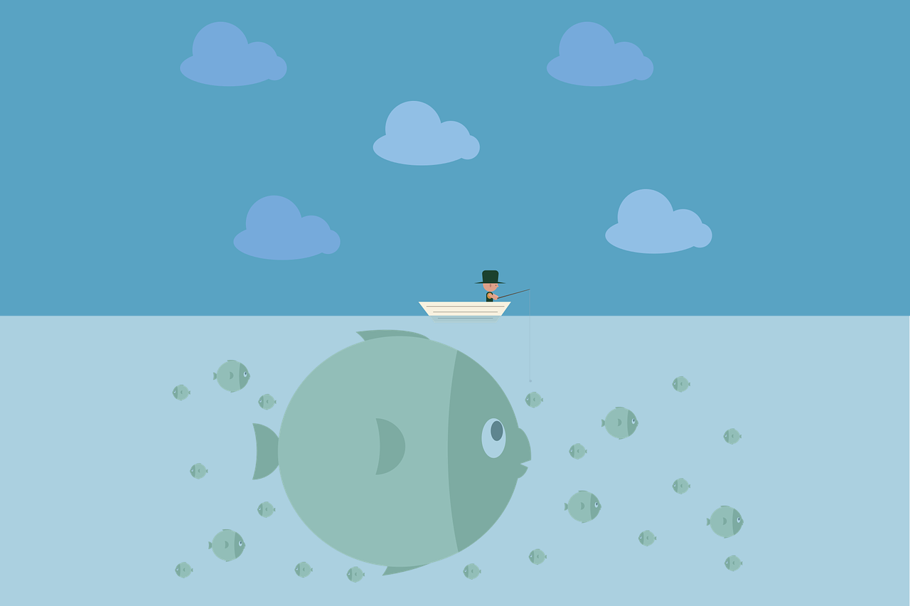 graphic of a fisherman in a small boat with a much larger fish underneath