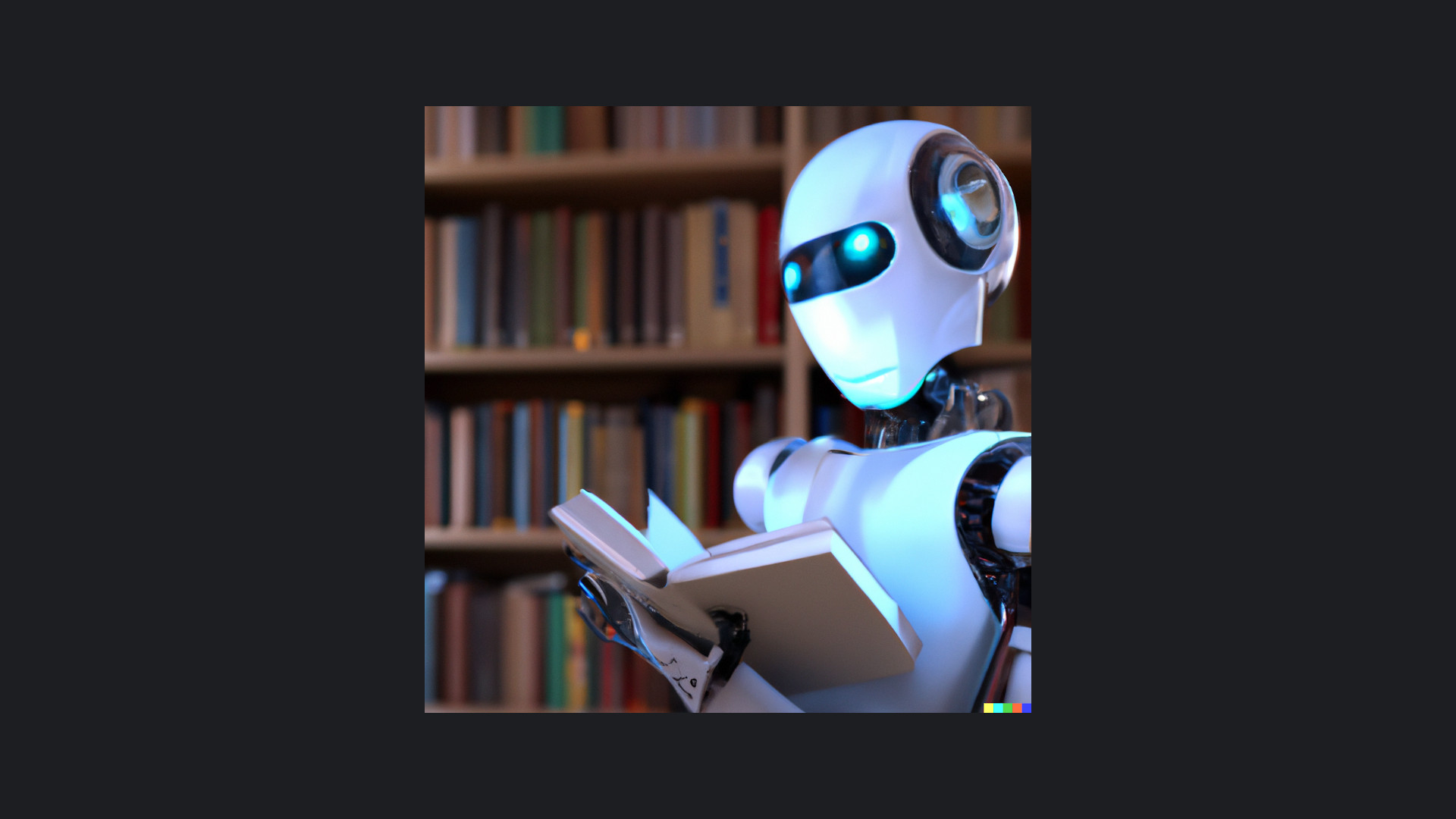 a very modern looking Android reading a book in a library